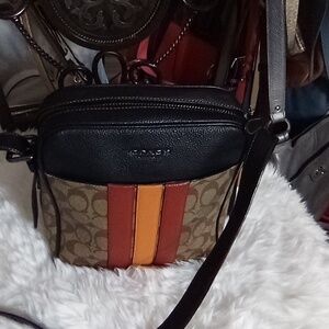 Coach Crossbody Bag in Black, Tan, Orange and Red Stripe